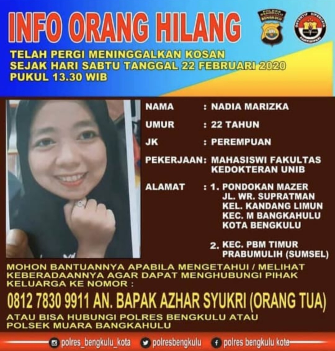 Rilis resmi Polres Bengkulu atas hilangnya Nadia.