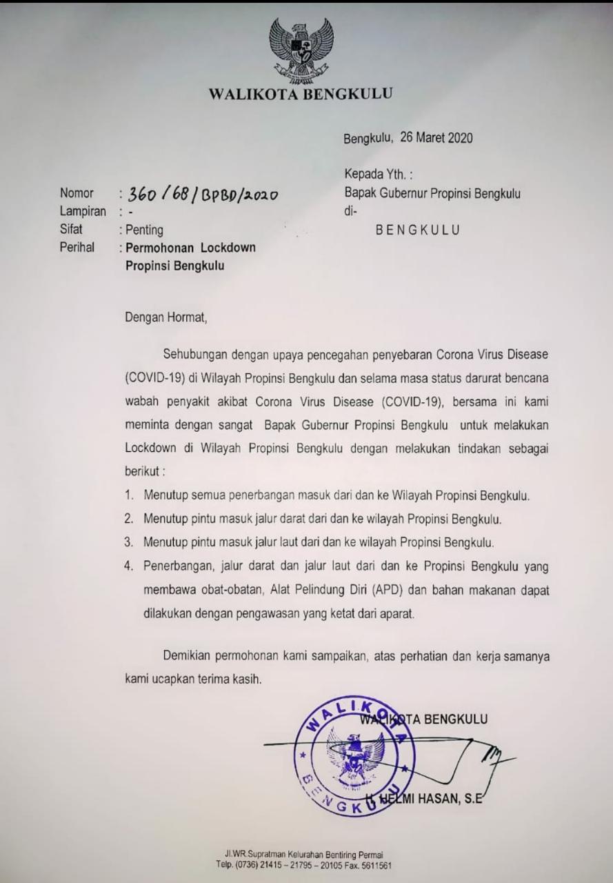 Surat yang dilayangkan Walikota Bengkulu ke Gubernur Bengkulu. 
