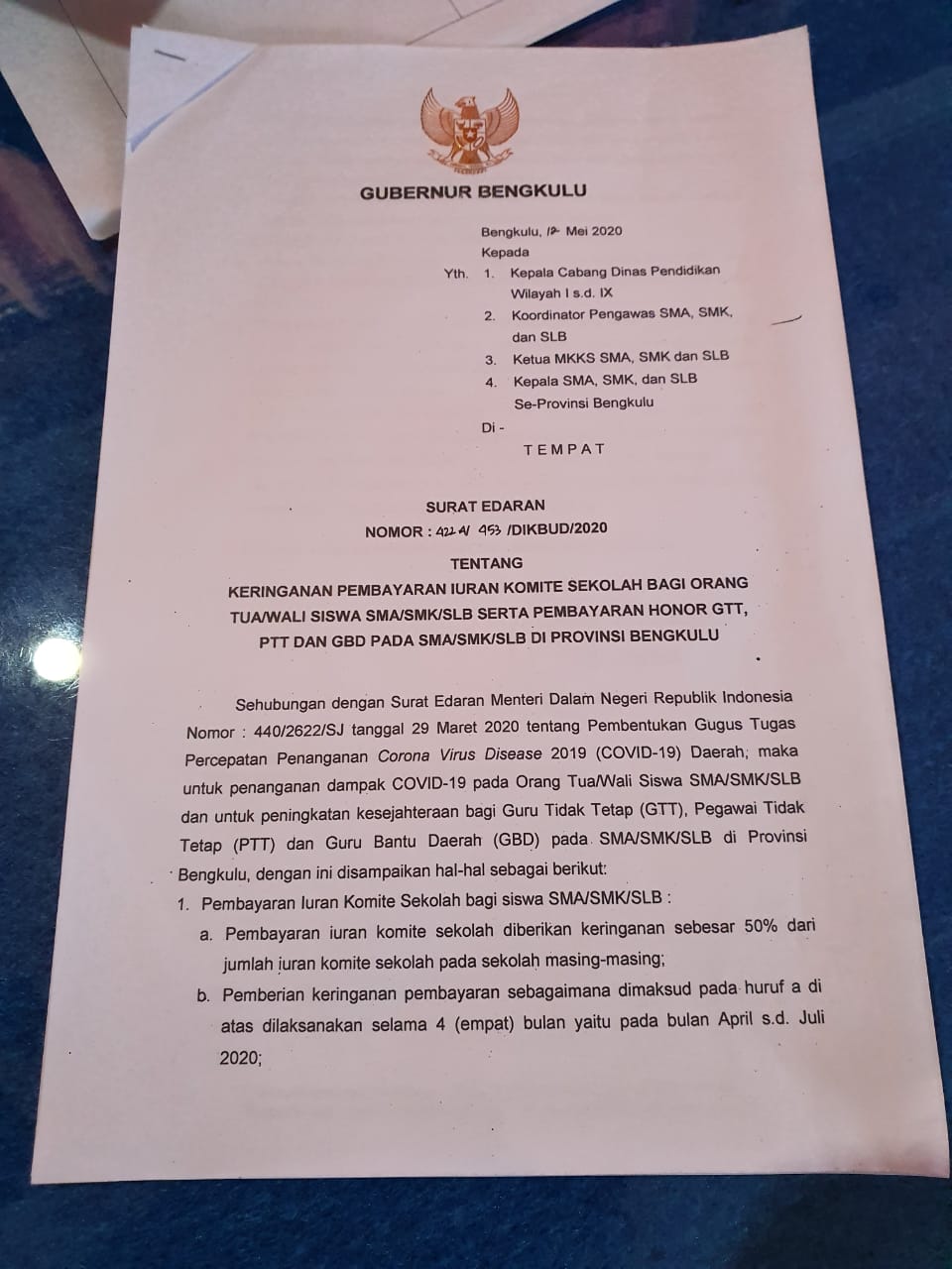 Ringankan Beban Orang Tua Dimasa Pandemi, Gubernur Keluarkan SE Keringanan Iuran Komite Sekolah 50 % 