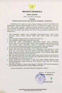 Cegah Penyebaran Covid-19, Walikota Bengkulu Keluarkan SE Larangan Kegiatan Bersifat Keramaian