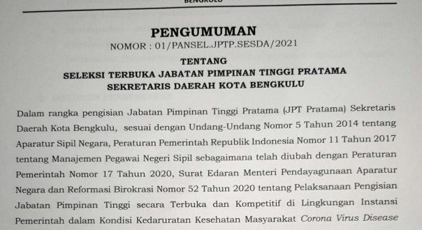 Pemkot Bengkulu Buka Lelang Jabatan Sesda