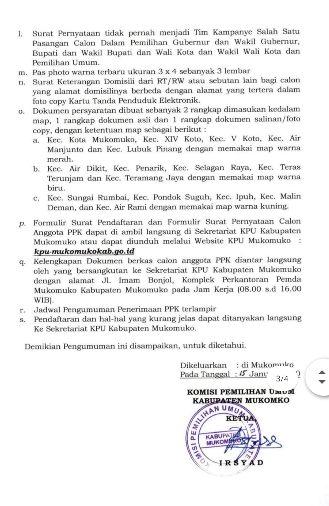 Pengumuman seleksi calon PPK Mukomuko.