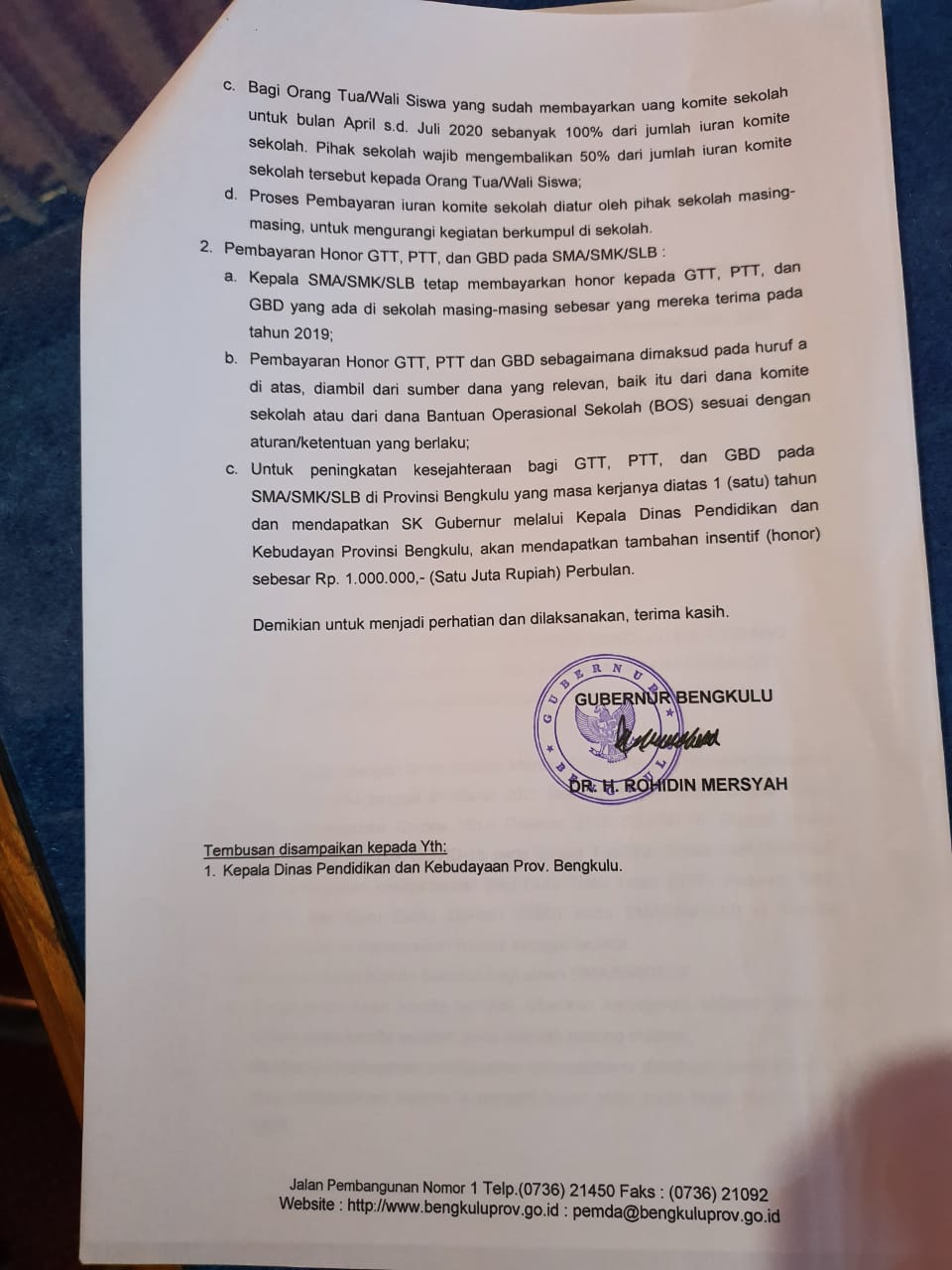 Ringankan Beban Orang Tua Dimasa Pandemi, Gubernur Keluarkan SE Keringanan Iuran Komite Sekolah 50 % 