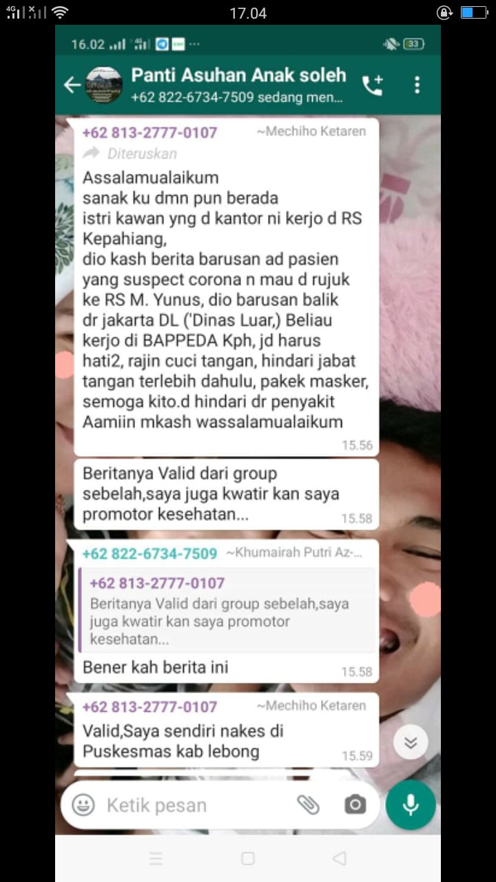 Tangkapan layar percakapan di grup whatsapp yang meninformasikan ada ASN Suspect Corona.