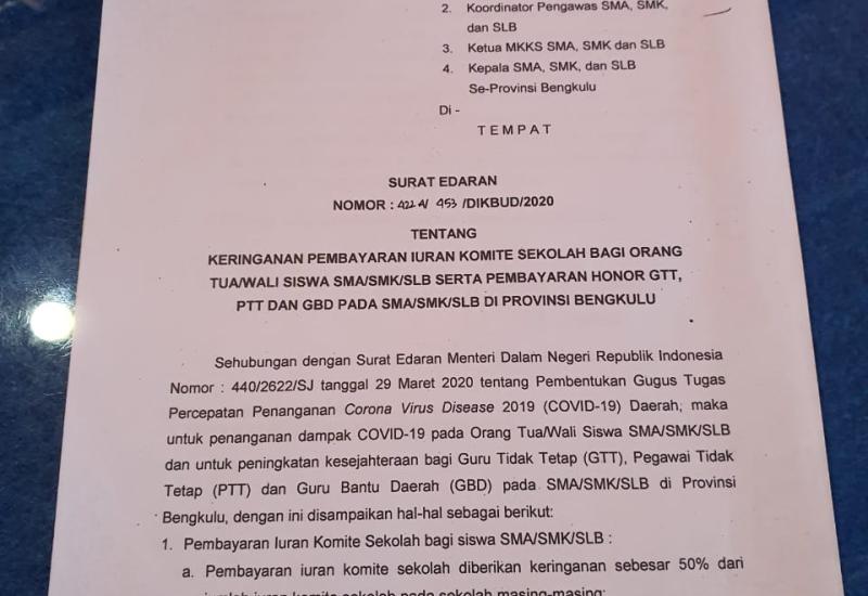 Ringankan Beban Orang Tua Dimasa Pandemi, Gubernur Keluarkan SE Keringanan Iuran Komite Sekolah 50 % 