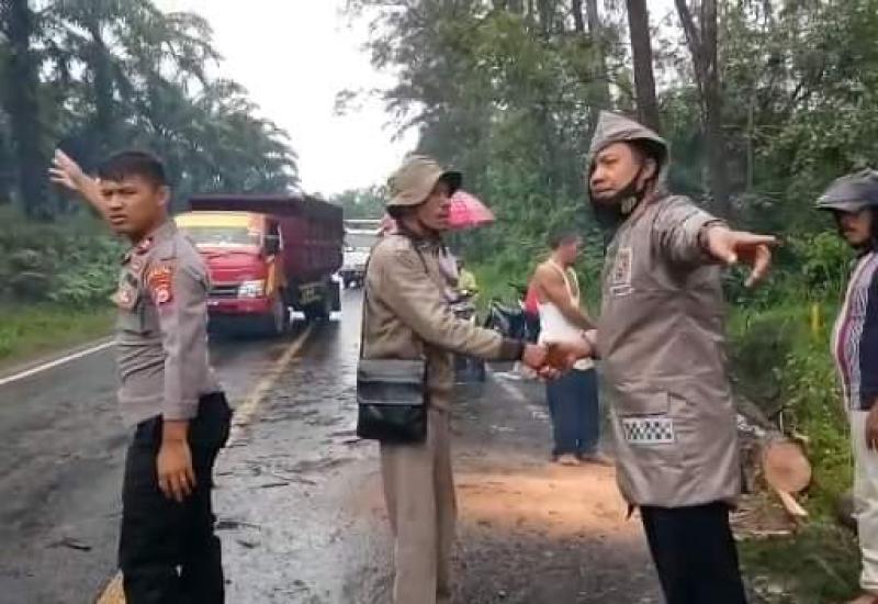Bikin Macet, Polri Bersama Masyarakat Singkirkan Pohon Cemara Tumbang